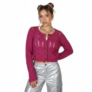 Rosie Neira Womens Crochet Knit Cotton Cropped Cardigan Size S Pink Y2K Boho